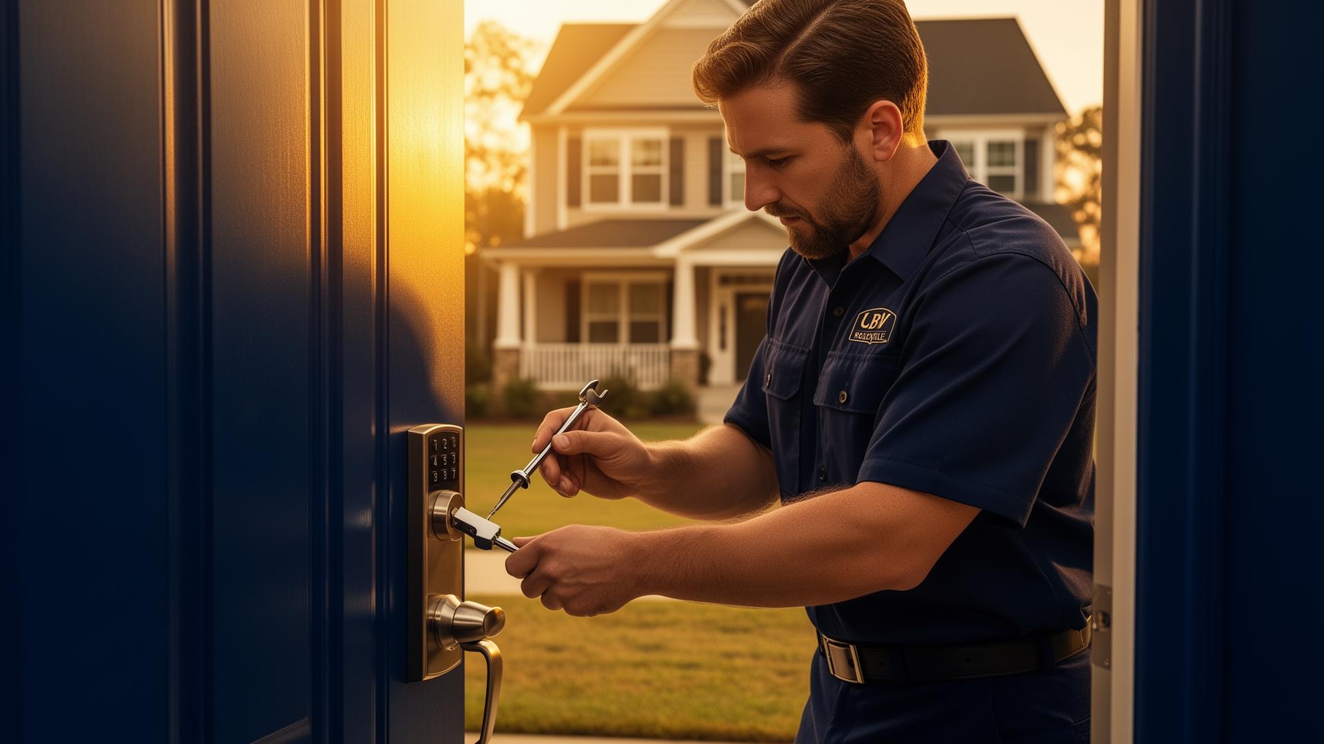 Rolesville Locksmith technician installing a residential lock in Rolesville, NC
